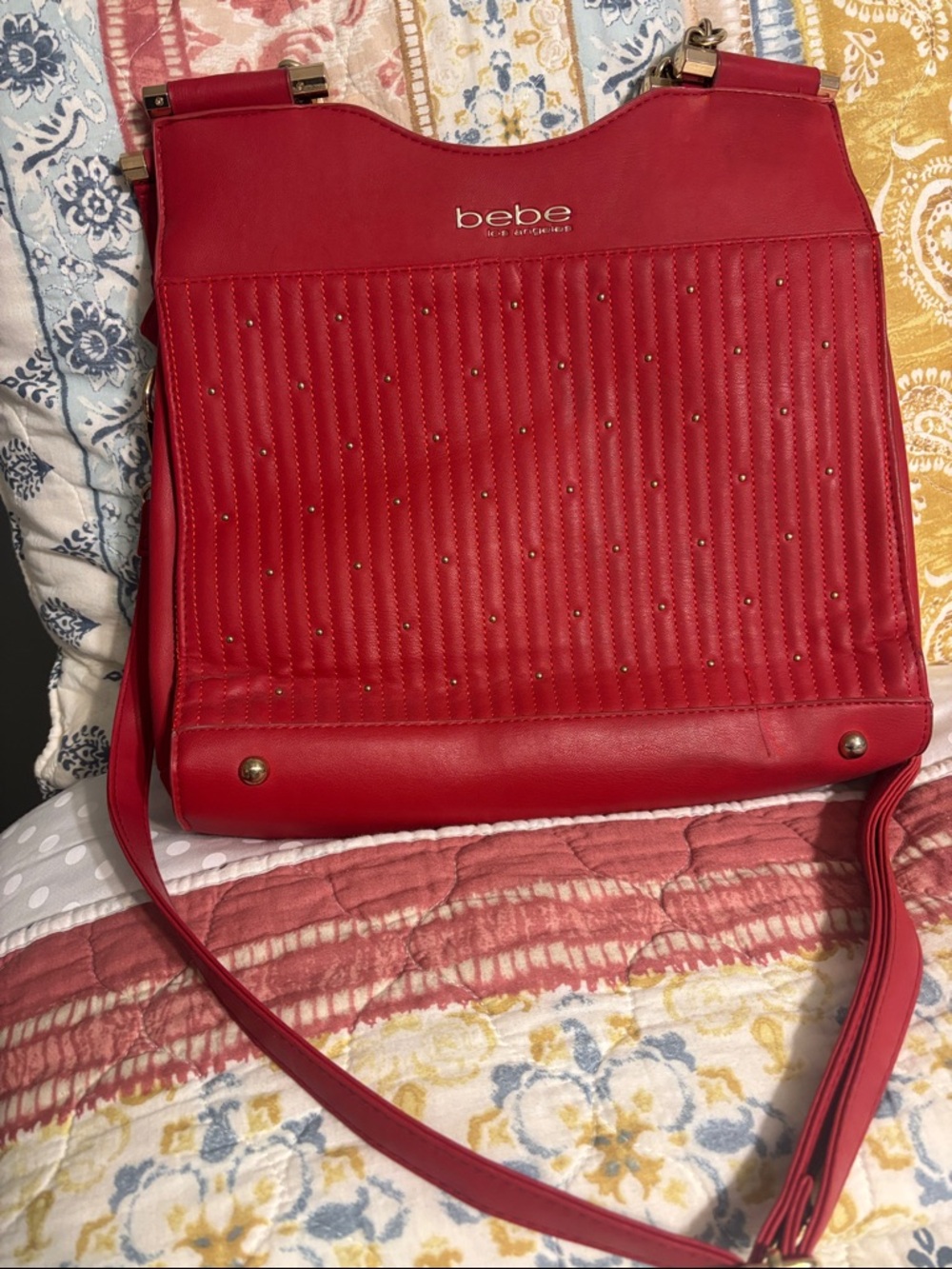 bebe Red Quilted Studded Shoulder Bag